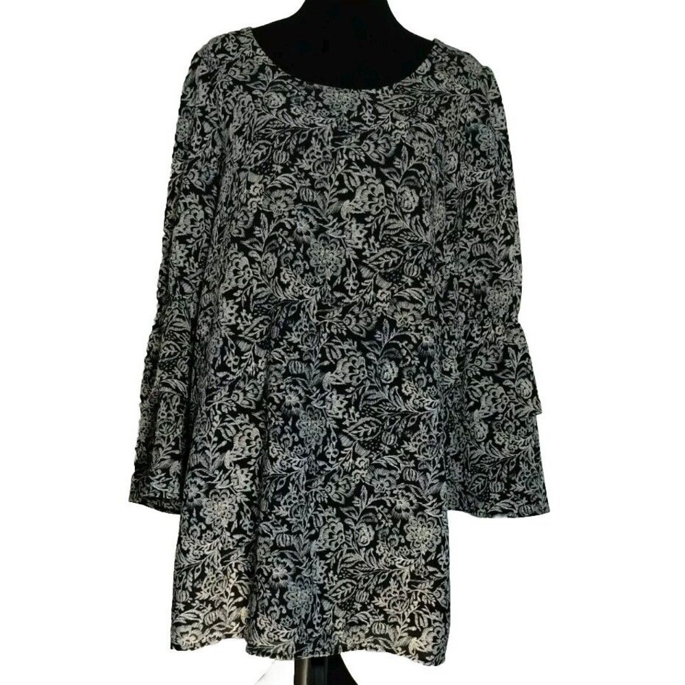 Floral Print Bell Sleeve Dress Casual Bohemian Mini Dress Black‎ Size S